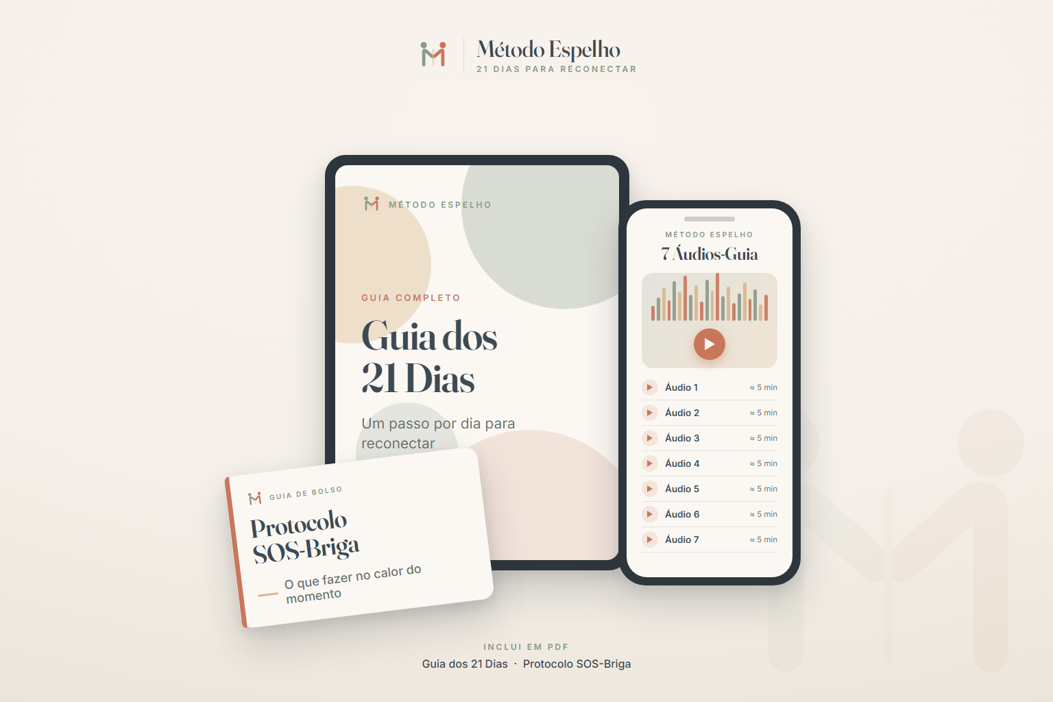 Os materiais do Método Espelho: o Guia dos 21 Dias, os 7 Áudios-Guia e o Protocolo SOS-Briga